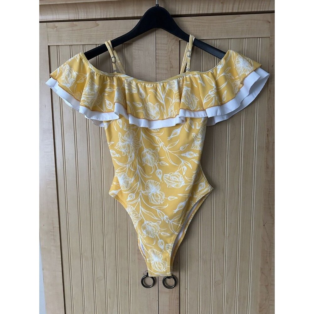 Cupshe Yellow Off Shoulder Ruffle Textured One Piece Swimsuit Size M - Picture 2 of 6